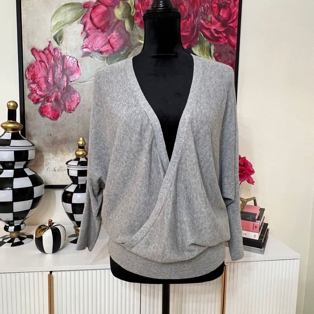 MILLY Women's Heather Wrap Front Cashmere Cotton Pullover Sweater Gray Medium